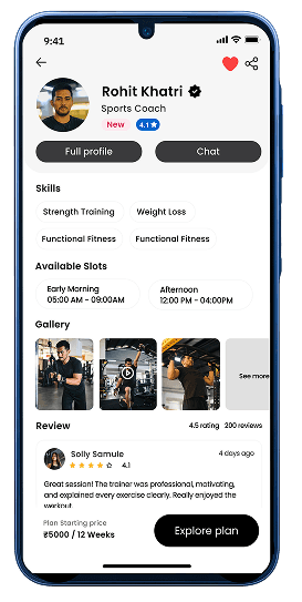 Tendon app showing a trainer profile with plans and reviews